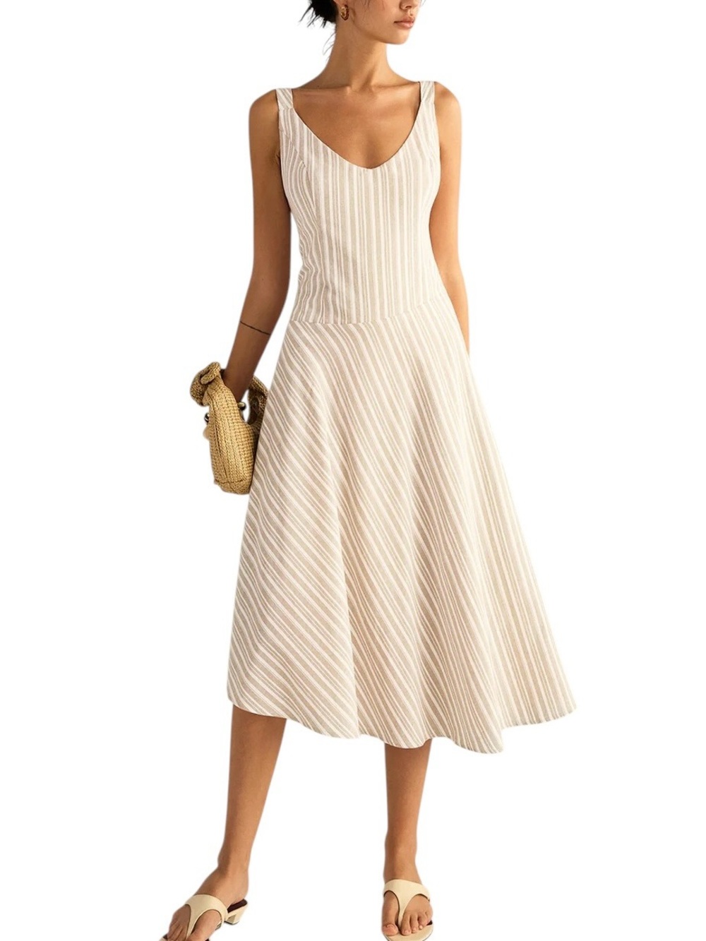 Commense Striped Asymmetrical Hem Midi Dress Small NWT Khaki Beige Cotton Blend